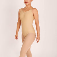 leotardo para danza básico niña con jareta ajustable color beige vista delantera